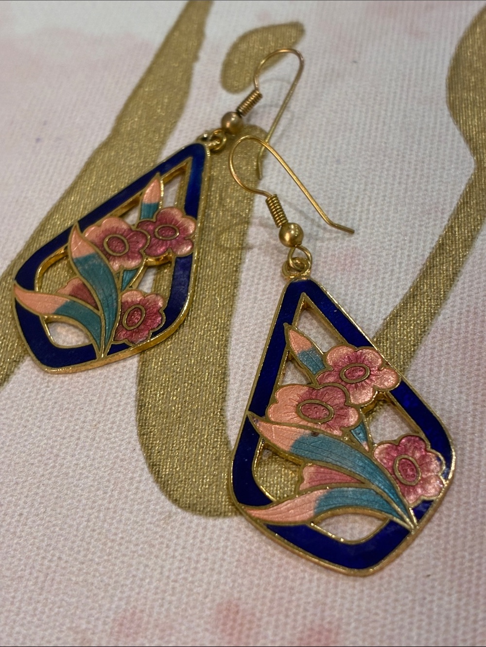 Gold-Tone Floral Enamel Drop Earrings in Blue & Pink